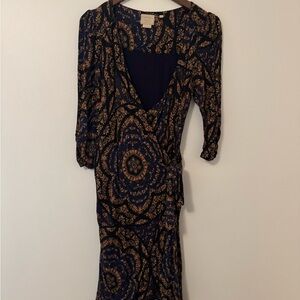 Anthropologie Blue and Brown Wrap Dress